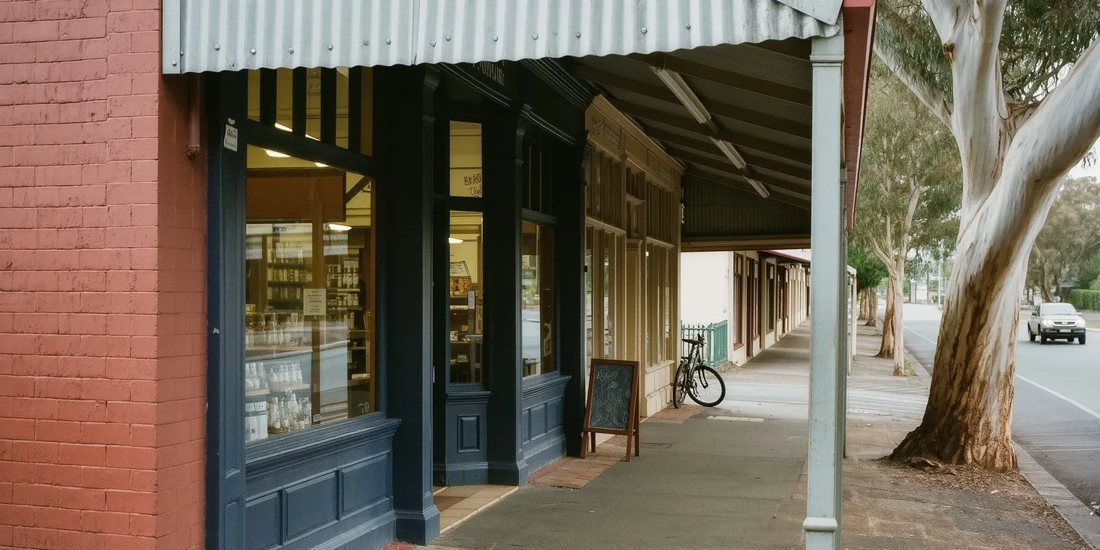 Navy-trimmed shopfront on a verandah-lined Australian main street