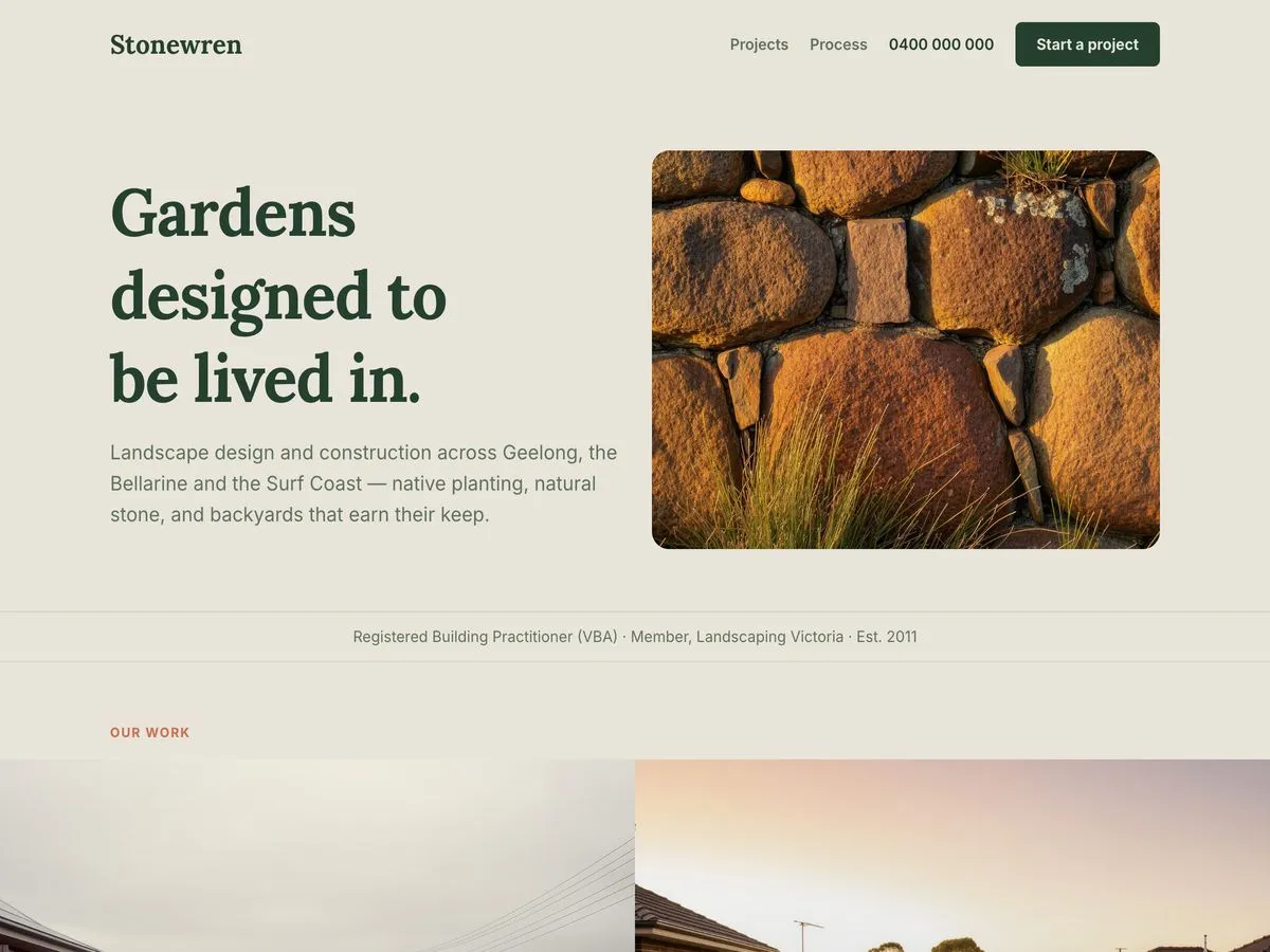Screenshot of the Stonewren Landscapes example website