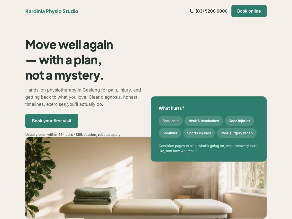 Screenshot of the Kardinia Physio Studio example website