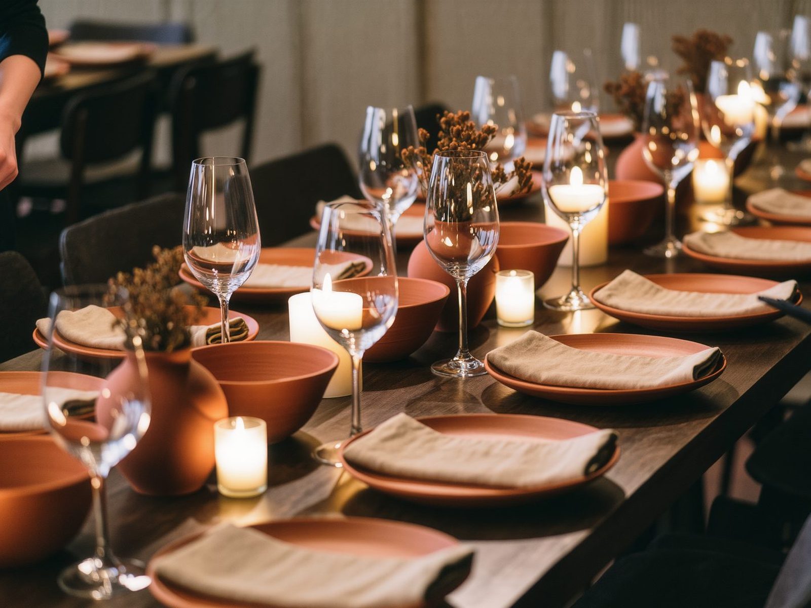 Long table set for an evening function with candlelight and terracotta accents