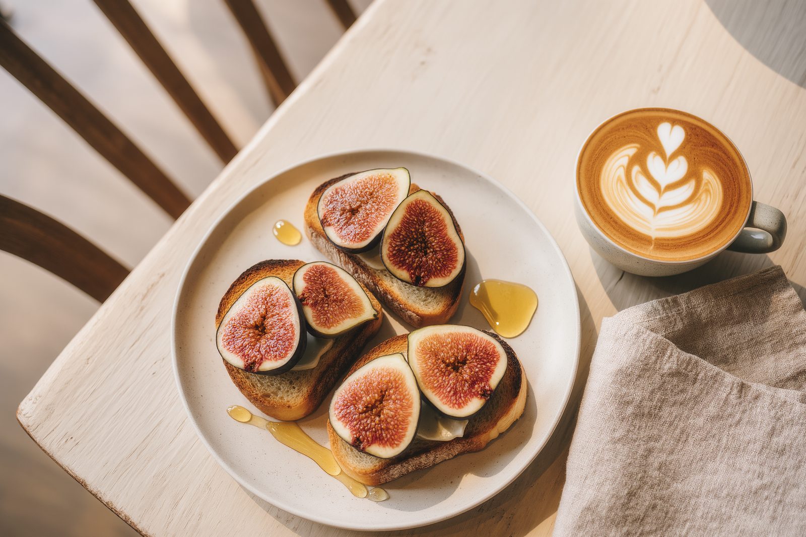 Brunch flat lay of fig and ricotta toast with latte art on linen