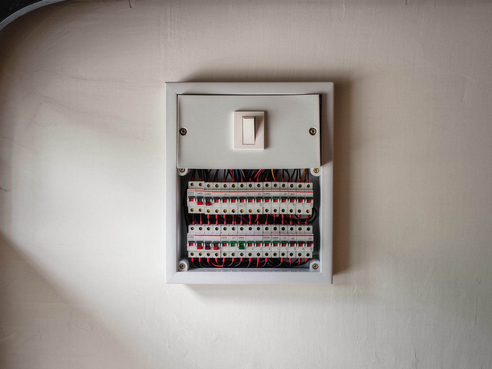 Neatly wired switchboard with labelled breakers