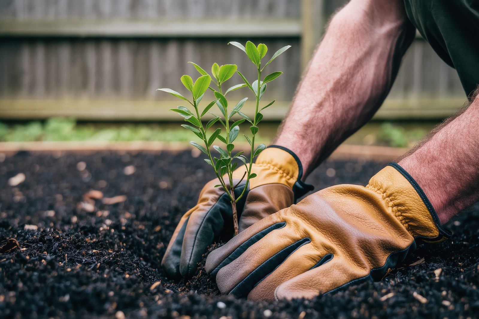 Gloved hands planting a native seedling into red soil